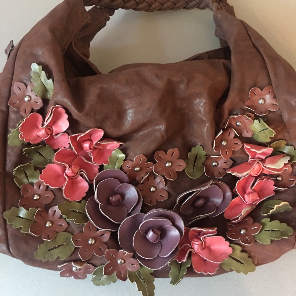 Faux leather flower floral brown purse